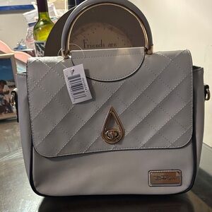 Quilted Light Gray Top-Handle Satchel with Gold Trim